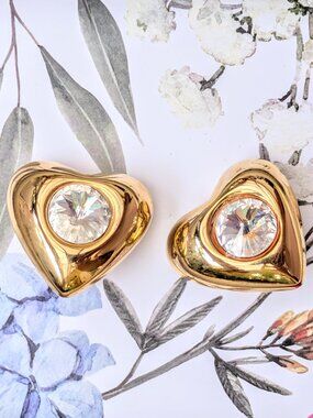 Vintage Heart & Crystal Rhinestone Clip-on Gold Tone Earrings